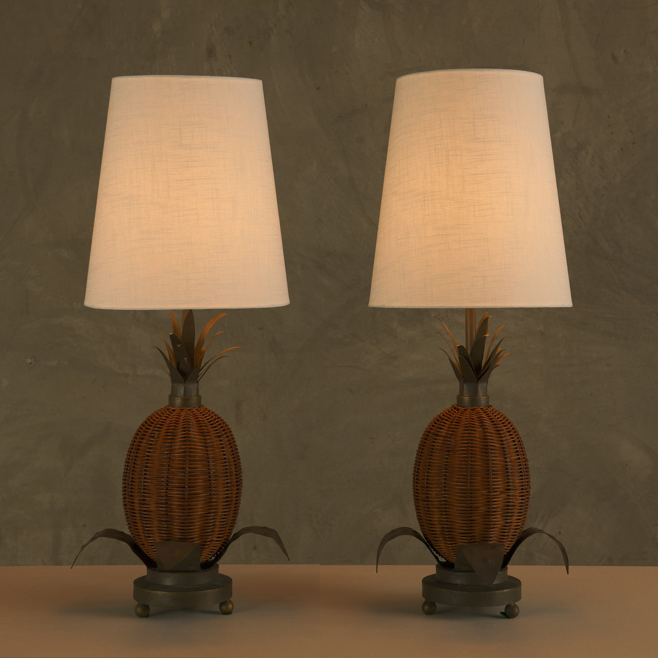 PAIR OF WICKER AND STEEL PINEAPPLE TABLE LAMPS